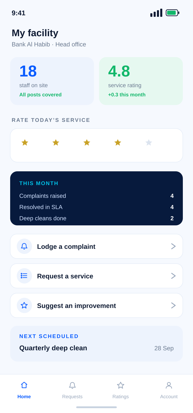 SWIFT OS client app showing staff on site, service rating, a star rating prompt and request actions