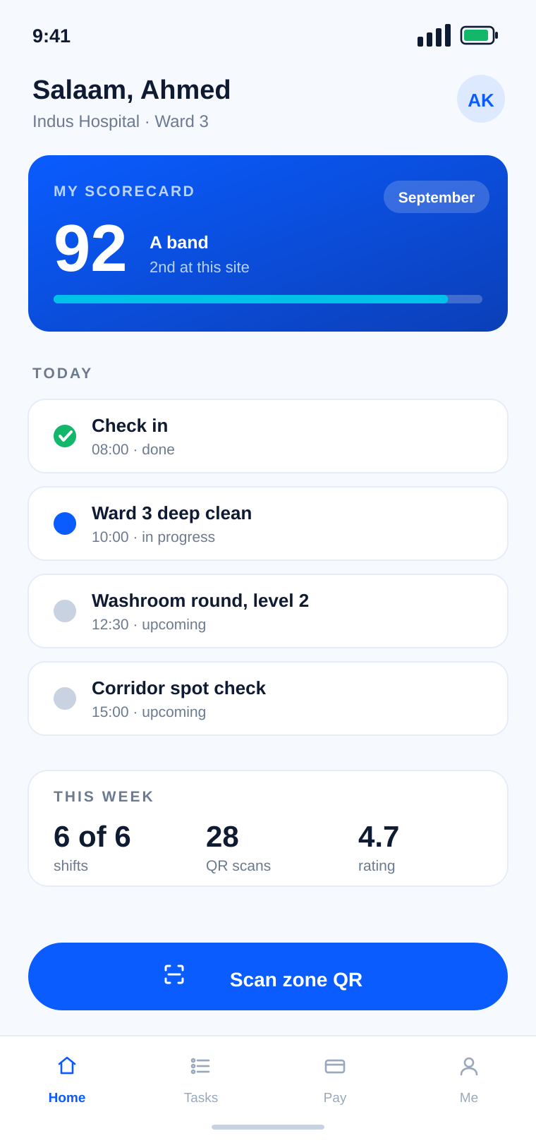 SWIFT OS staff app showing a scorecard of 92, today’s task list and the scan zone QR button